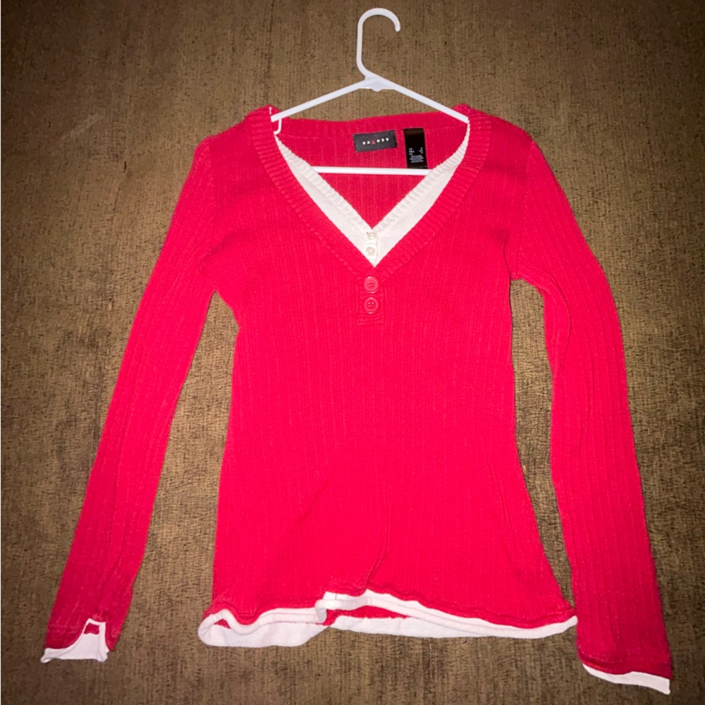 Y2K Red Long Sleeve Knit Top with White Details